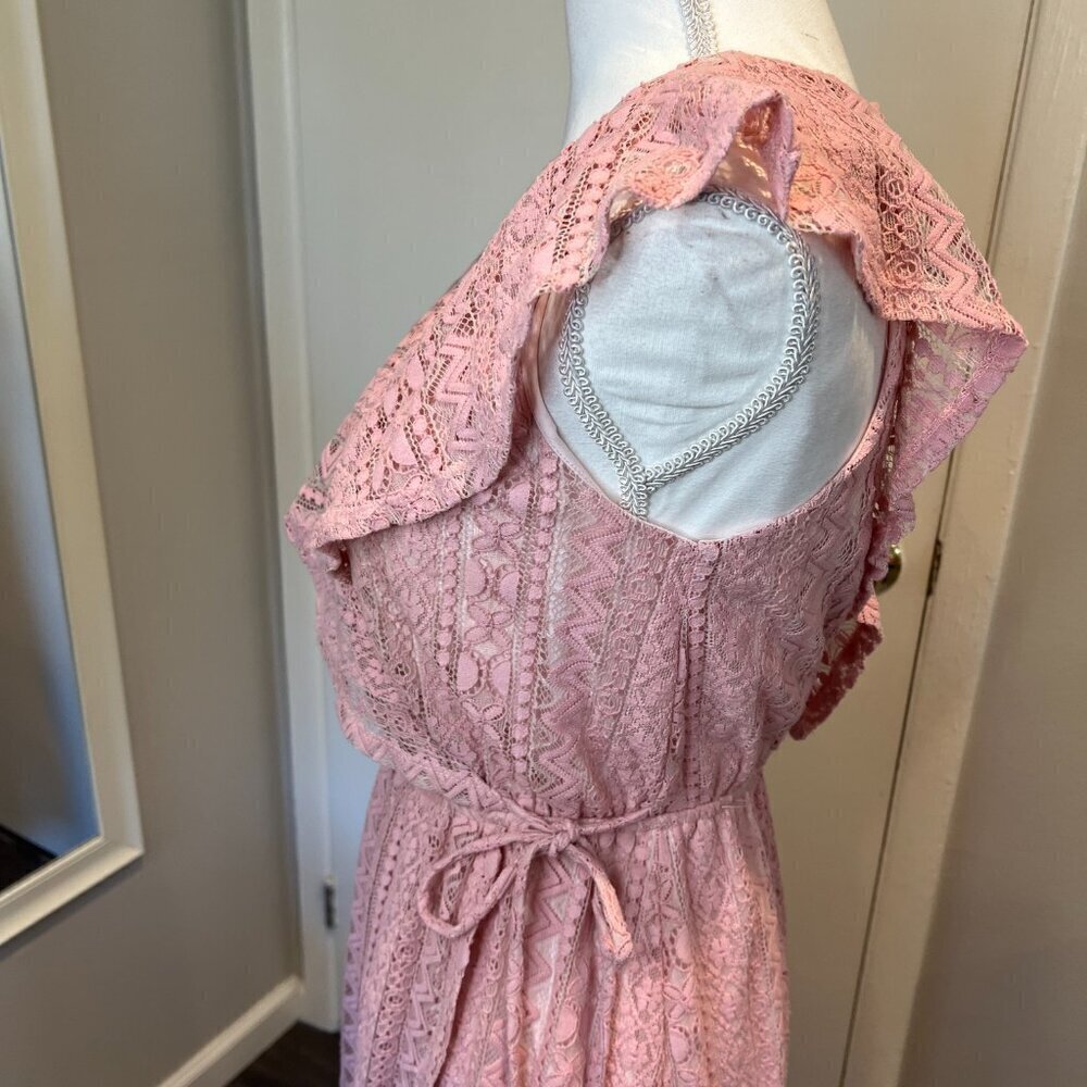 Aqua Pink Lace Hi Low Faux Wrap Dress, Size Small - Picture 10 of 16